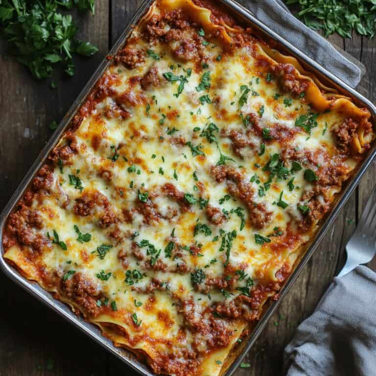 Ground Beef Lasagna: A large pan of baked lasagna with layers of rich ground beef, marinara sauce, and melted mozzarella cheese, garnished with chopped parsley.