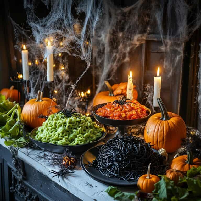 A spooky Halloween dinner table decorated with cobwebs and candles. Dishes include a vibrant green mac and cheese, black pasta, and a bright orange sauce, all served in dark bowls. Pumpkins surround the table, enhancing the eerie, festive atmosphere with scattered faux spiders. The scene is illuminated by warm candlelight, creating a haunting yet inviting Halloween vibe. halloween dinner ideas.