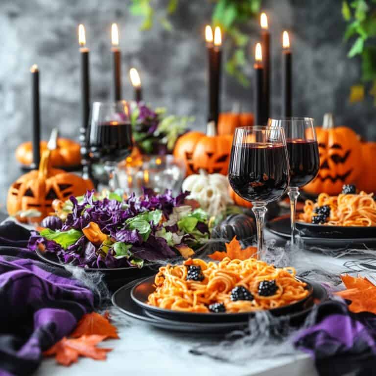 halloween food ideas for parties. A Halloween-themed dinner table with two plates of pumpkin pasta, a vibrant purple and green salad, and glasses of dark wine. The backdrop includes carved pumpkins, black candles, and spooky decorations like cobwebs and autumn leaves, perfect for a festive Halloween party setting.