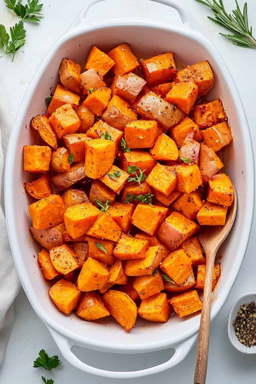A white ceramic dish filled with roasted sweet potatoes, seasoned with herbs, and garnished with fresh parsley. The sweet potatoes are diced into uniform cubes with a golden brown, crispy exterior.
