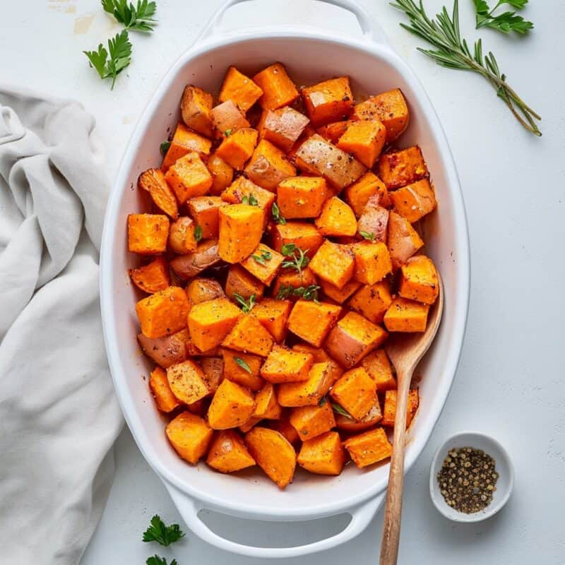 Top view of a white baking dish containing golden roasted sweet potato cubes, garnished with fresh rosemary and parsley. A wooden spoon rests on the side, adding a rustic touch.