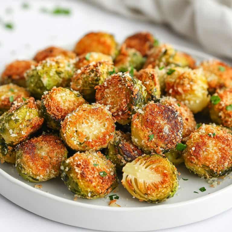 Air Fryer Garlic Parmesan Brussels Sprouts: A plate of golden brown Brussels sprouts coated in crispy breadcrumbs and Parmesan cheese, garnished with fresh herbs.