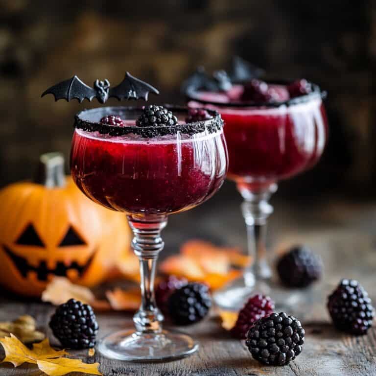 Beetlejuice Brew. Two glasses of deep purple Halloween cocktails rimmed with black sugar, each garnished with a bat decoration and blackberries. A carved jack-o'-lantern and scattered autumn leaves and berries complete the eerie, seasonal vibe.