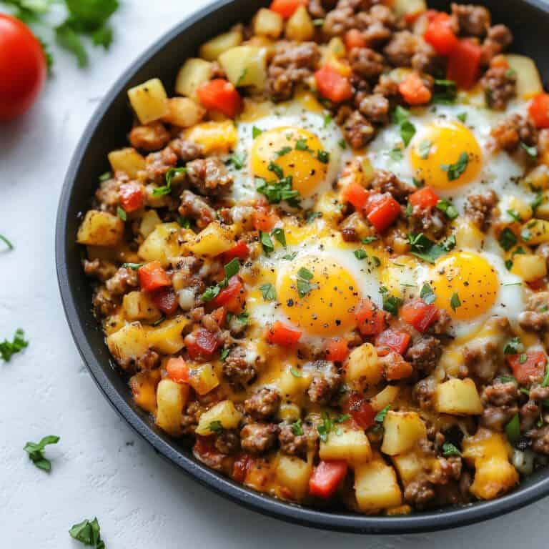 Breakfast Burrito Hash A savory skillet filled with crispy potatoes, browned sausage, vibrant bell peppers, and sunny-side-up eggs, garnished with fresh herbs.