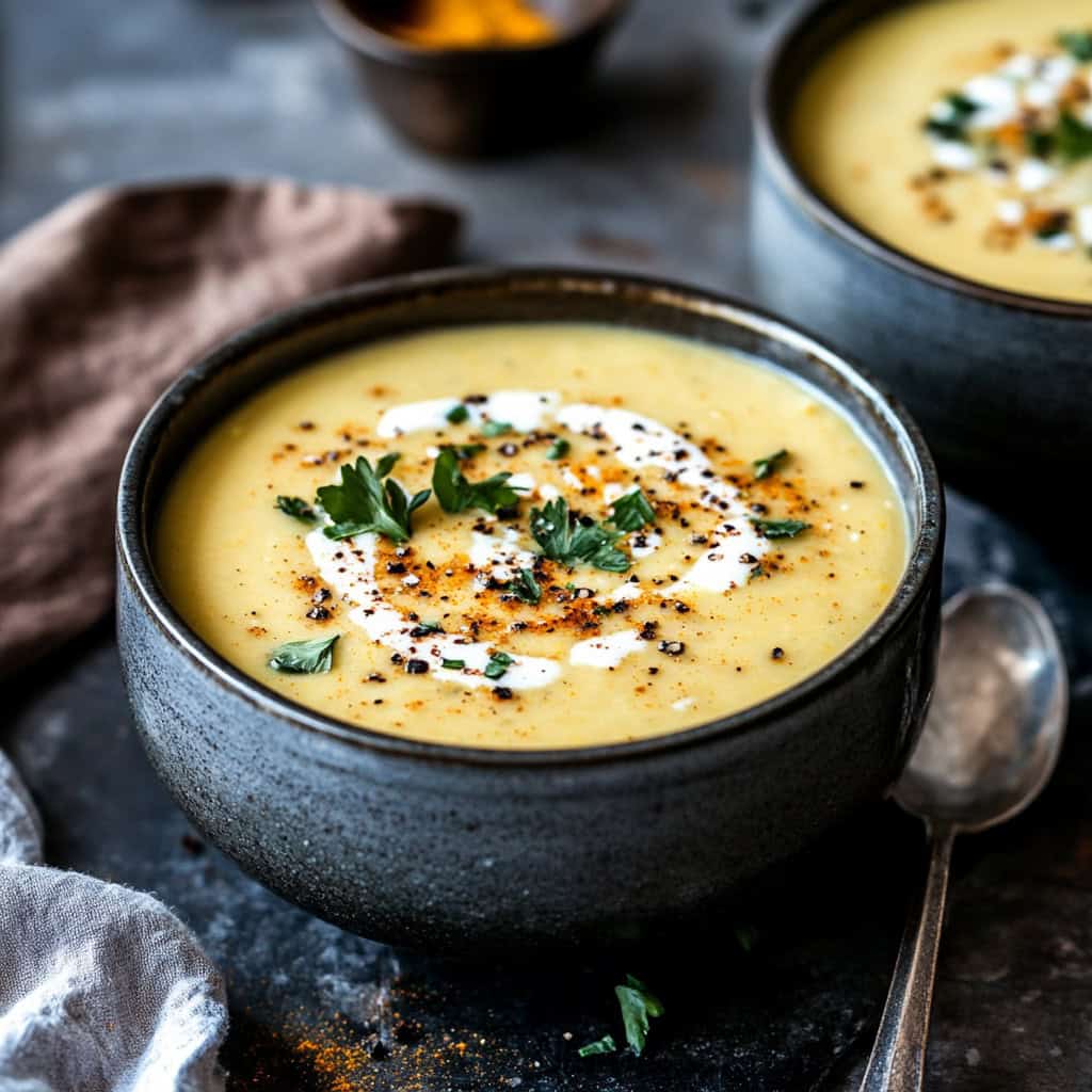 A rich, golden-yellow bowl of butternut squash and cauliflower soup infused with turmeric, garnished with sprigs of parsley. Smooth and velvety, the soup exudes warmth and depth, offering a nourishing, spiced blend.