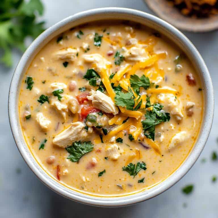 A creamy bowl of Southwestern-style white chicken chili, topped with shredded cheddar cheese and fresh cilantro, with visible chunks of chicken and beans in the rich broth.