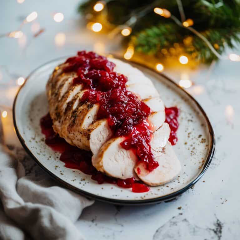 A close-up, square-format shot of sliced turkey breast drizzled with cranberry sauce, with warm holiday lights and green foliage in the background.