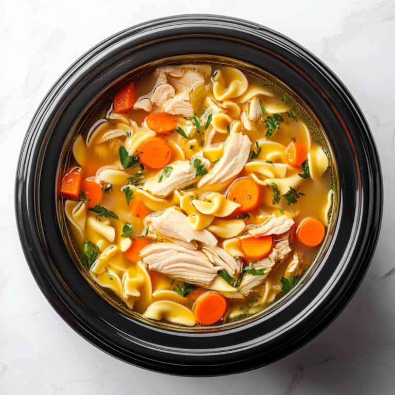 A black crockpot filled with chicken noodle soup, featuring tender chicken pieces, egg noodles, sliced carrots, and fresh herbs in a clear broth.