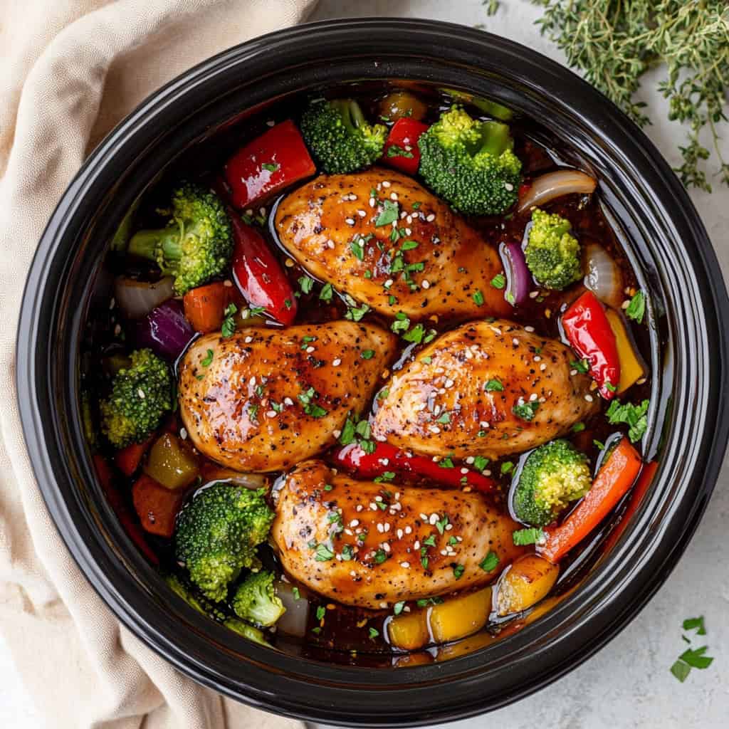 Crockpot Honey Garlic Chicken and Veggies: Four chicken breasts coated in a glossy honey garlic sauce, surrounded by colorful broccoli, bell peppers, and onions, garnished with sesame seeds and herbs.