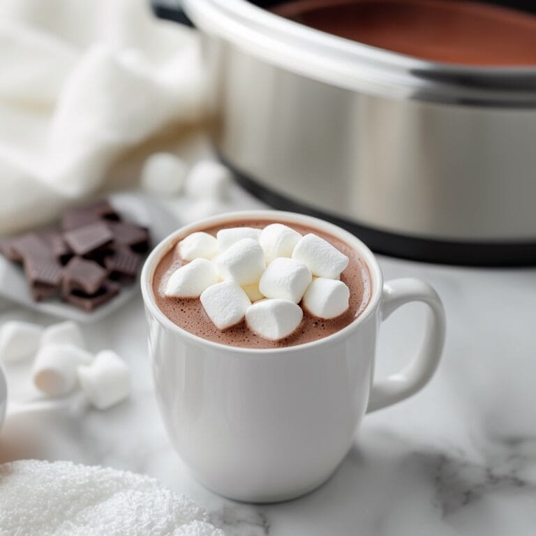 Crockpot Hot Chocolate , A mug of hot chocolate topped with marshmallows sitting next to a slow cooker and surrounded by chocolate pieces.