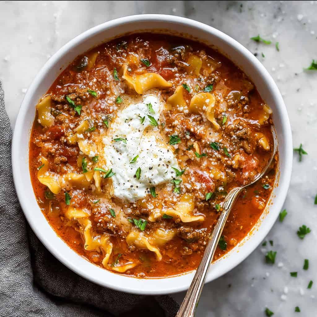 Overhead shot of hearty lasagna soup in a white bowl topped with creamy ricotta, ground beef, lasagna noodles, and fresh parsley.