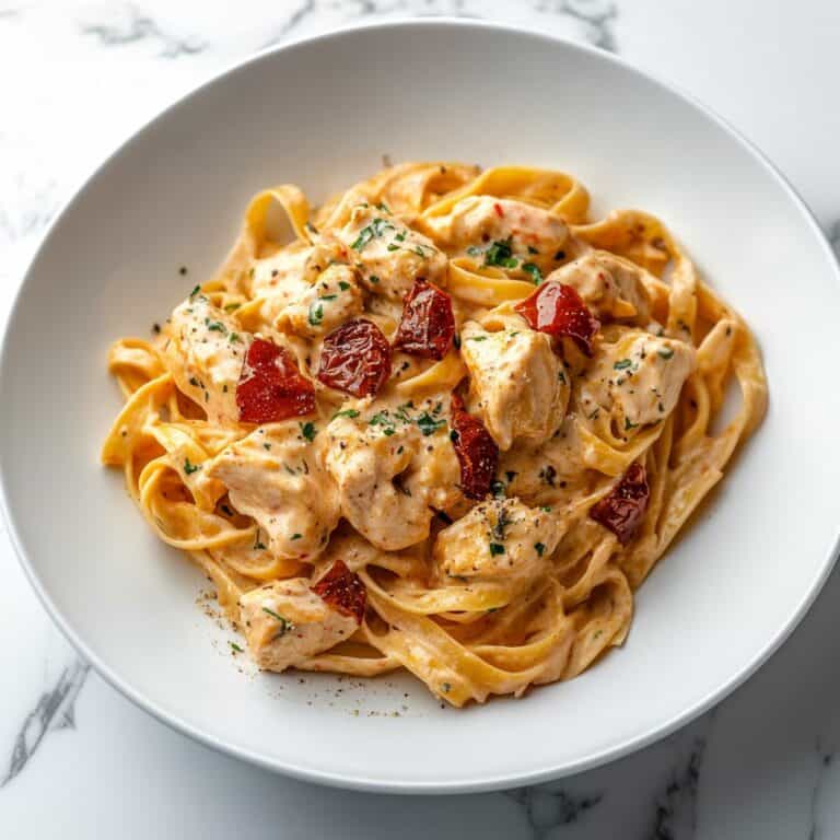 A bowl of Marry Me Chicken Pasta featuring fettuccine coated in a creamy sauce with chunks of chicken and vibrant sun-dried tomatoes, garnished with fresh herbs.