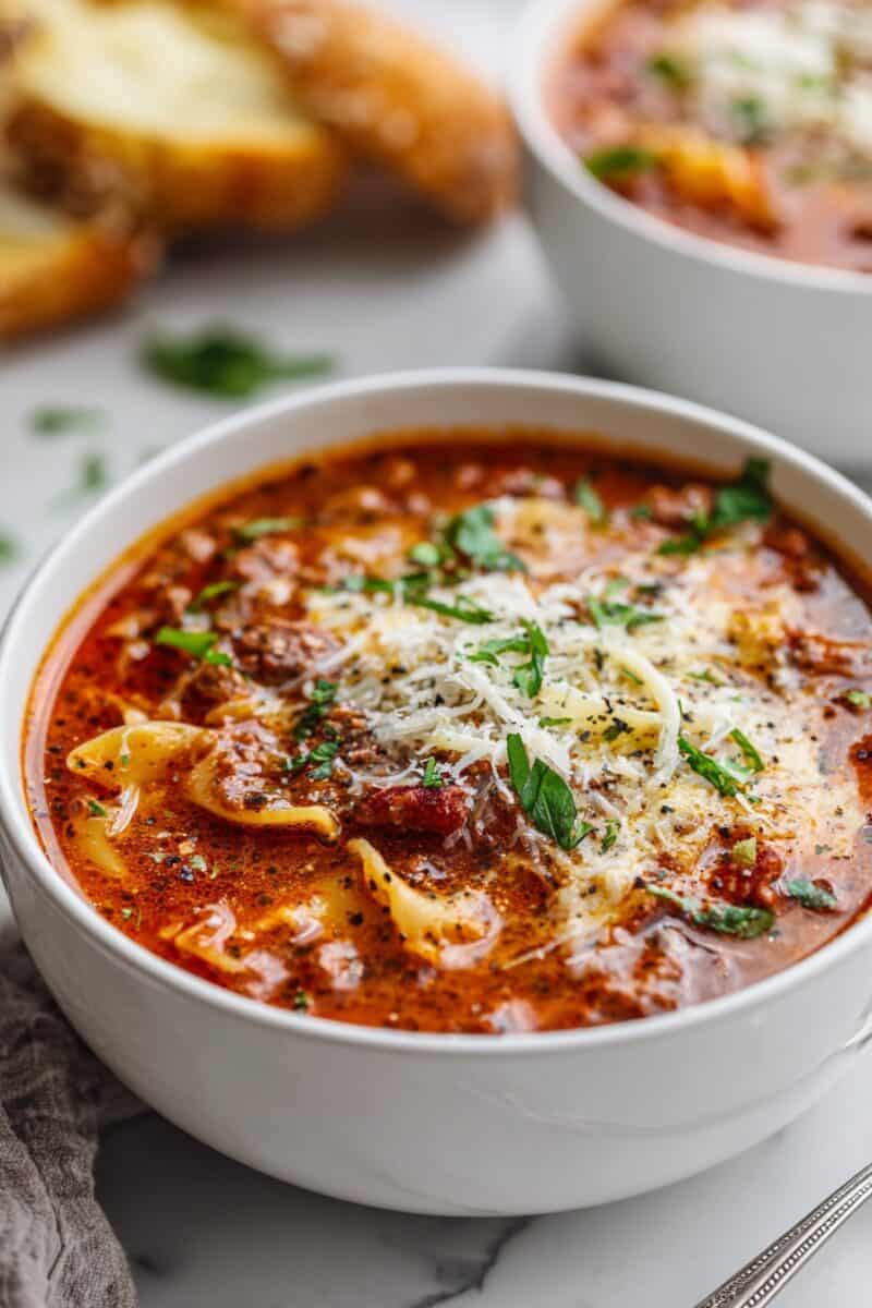 Side view of a bowl of lasagna soup garnished with shredded cheese and fresh basil, served with garlic bread in the background.