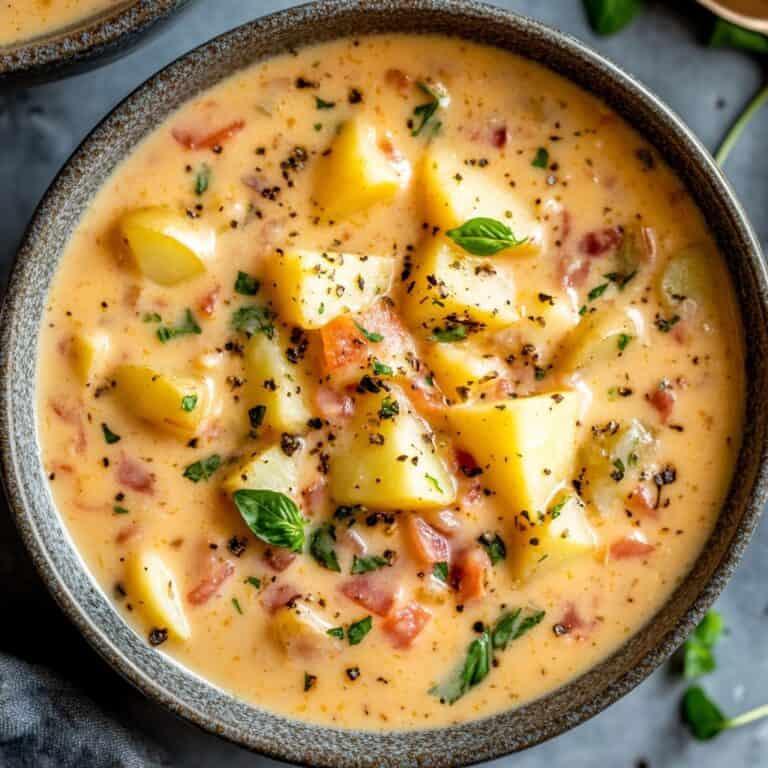 Slow Cooker Potato Soup – A hearty potato soup with diced potatoes and herbs, served in a blue ceramic bowl, perfect for cozy meals.