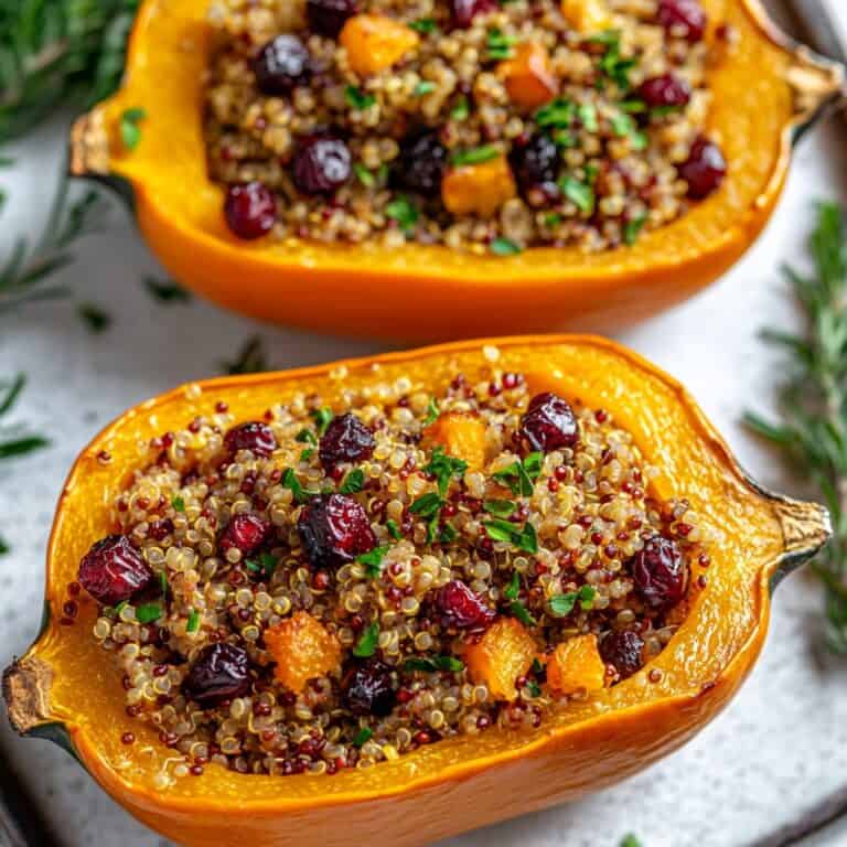 Halved butternut squash stuffed with quinoa, dried cranberries, and fresh herbs – Butternut squash recipes.