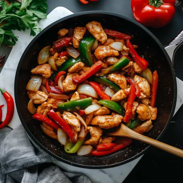 Delicious Black Pepper Chicken stir-fried with red and green bell peppers and onions in a spicy sauce. This easy chicken recipe is ideal for quick weeknight meals packed with flavor.