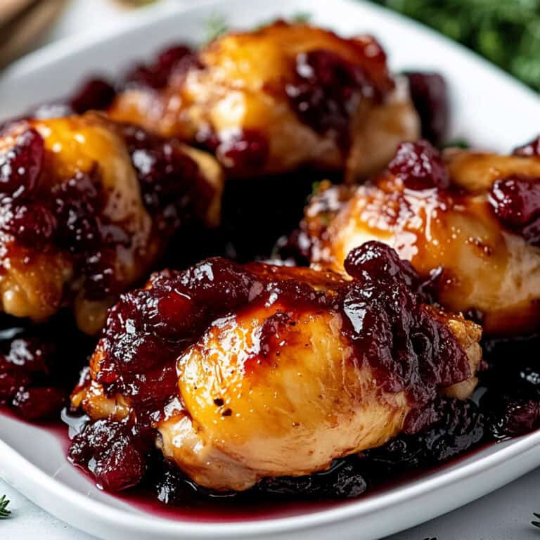 A beautifully plated dish of cranberry chicken thighs with a glossy cranberry sauce, showcasing vibrant cranberries and herbs.