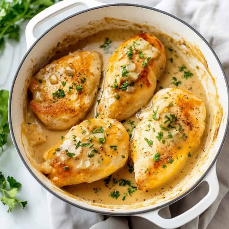 Golden-brown chicken breasts in a rich, creamy garlic sauce, topped with fresh parsley and cooked onions, served in a white pot. Creamy Garlic Chicken, a simple yet flavorful recipe for weeknight dinners.