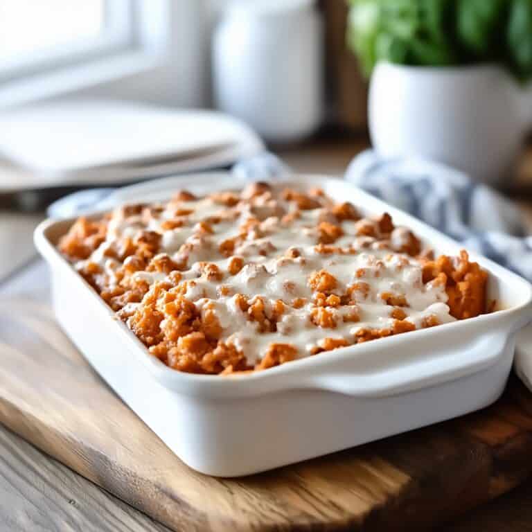 Serve this Gluten-Free Sweet Potato Casserole as a show-stopping side for Thanksgiving! This gluten and dairy-free dish has all the creamy, spiced goodness of a classic casserole, topped with marshmallows for that cozy holiday feel. Perfect for those looking for Dairy Free Thanksgiving Recipes.