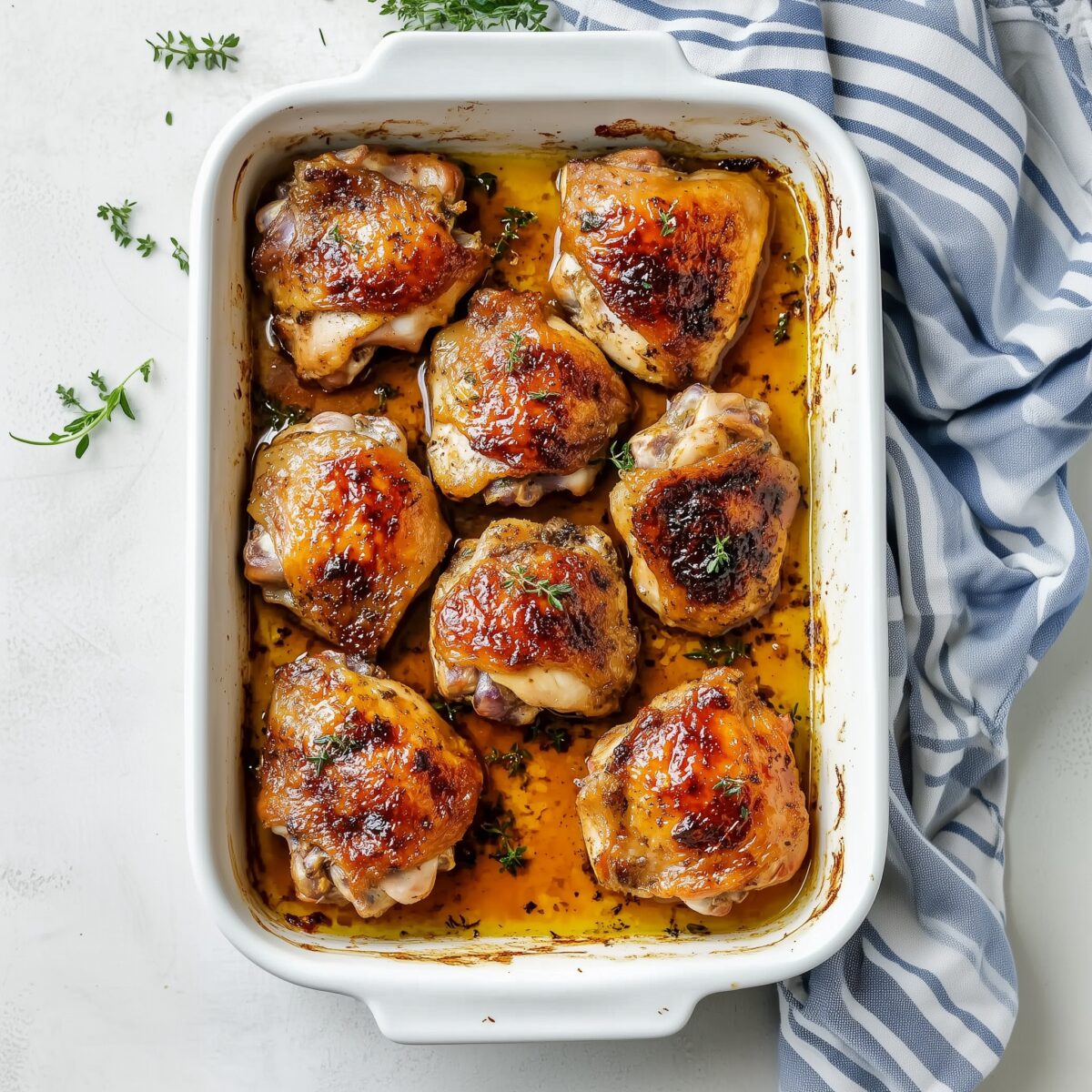 A full view of Honey Dijon Chicken thighs baked to golden perfection in a white casserole dish, garnished with fresh herbs. This one-dish chicken dinner combines honey, Dijon mustard, and herbs for a flavorful baked meal.