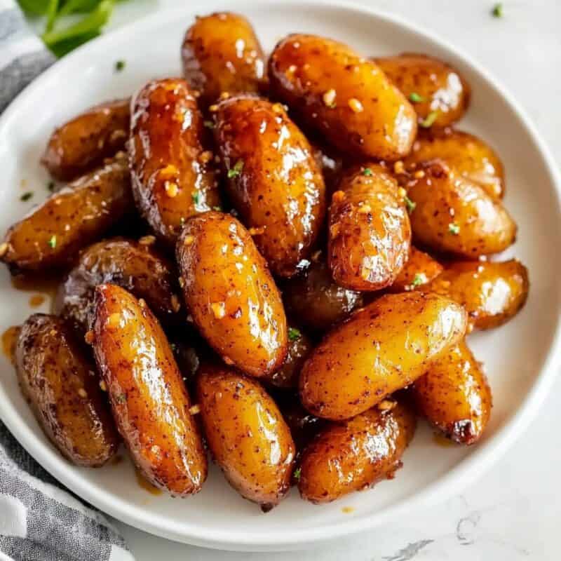 Honey Mustard Potatoes. Top-down view of honey mustard fingerling potatoes, beautifully arranged on a plate. The potatoes have a caramelized sheen from the glaze, and the scattered parsley adds a refreshing pop of color. A versatile side dish that's both elegant and appetizing.