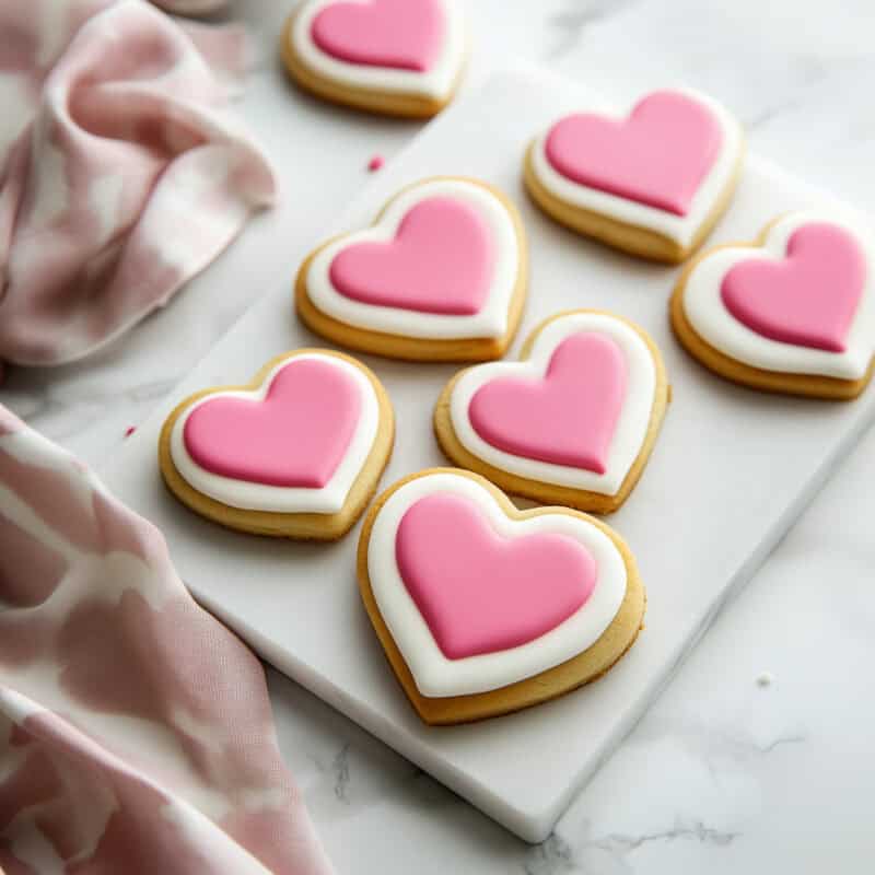 A group of pink and white heart sugar cookies displayed on a white surface, paired with a soft pink cloth for a romantic presentation.