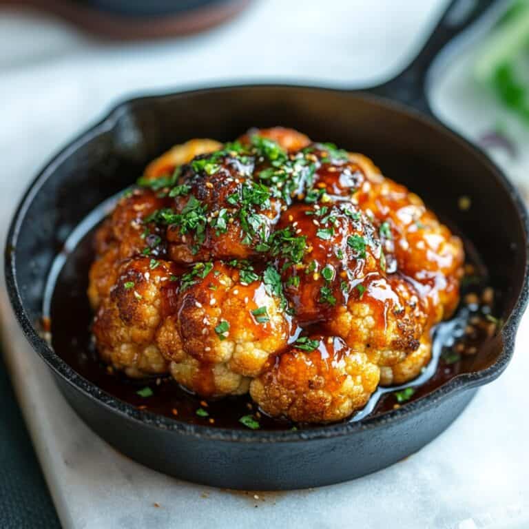 Whole Roasted Cauliflower with Spicy Sriracha Honey Glaze – Looking for a baked cauliflower recipe with a kick? This whole roasted cauliflower is caramelized with a spicy-sweet sriracha honey glaze and garnished with fresh herbs. An easy, flavorful roasted cauliflower recipe that’s a must-try!