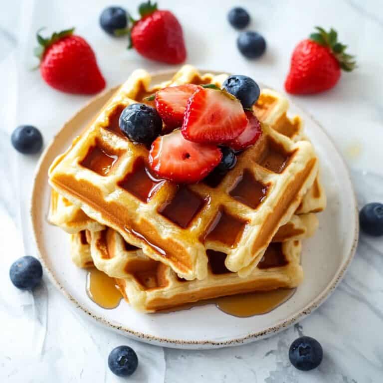 Belgian Waffles on a plate garnished with syrup and a mix of strawberries and blueberries, making it a delightful breakfast choice.