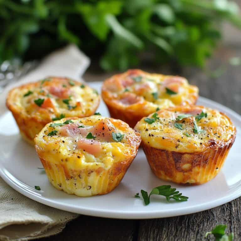 Close-up of freshly baked Cheese and Ham Egg Muffins garnished with parsley on a white plate, perfect for breakfast ideas.