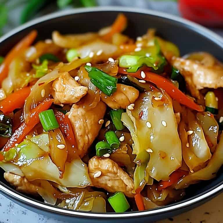 A hearty bowl of Chicken Cabbage Stir-Fry showcasing a mix of vibrant stir-fried vegetables, sesame seeds, and green onion garnishes.