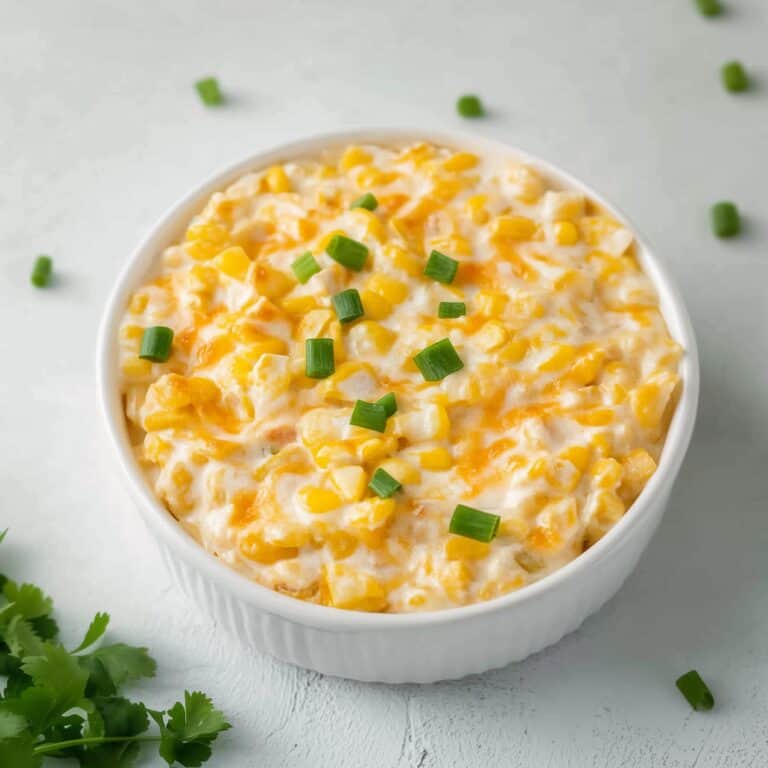 Close-up view of Crockpot Corn Dip, featuring creamy, cheesy corn garnished with green onions. A delicious and comforting dip perfect for gatherings or game-day snacks.