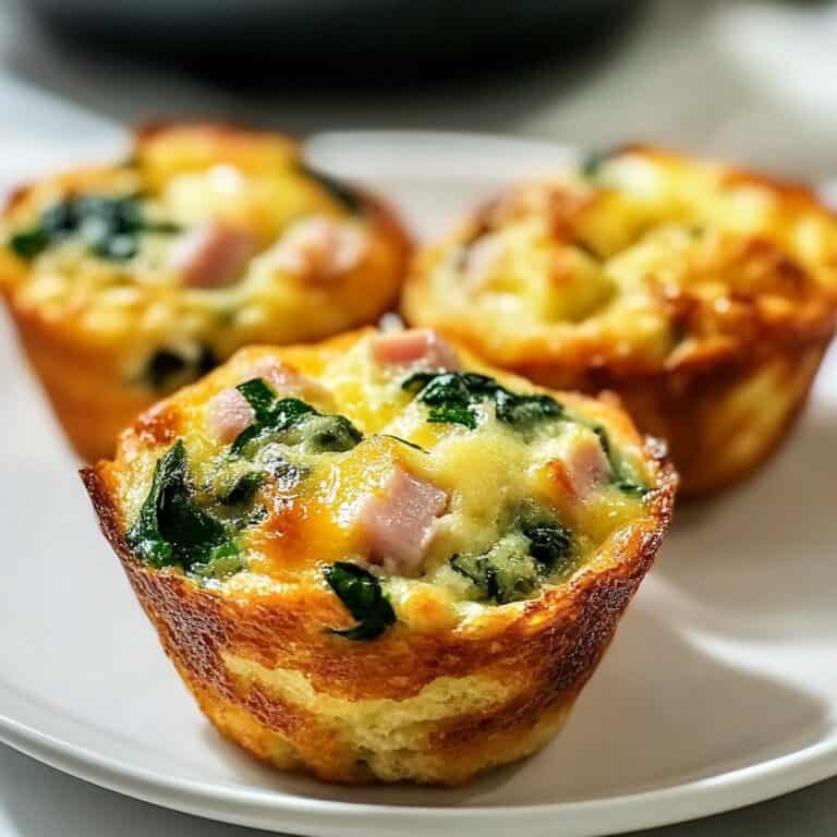 A close-up view of fluffy breakfast egg muffins made with eggs, spinach, and ham. Perfect breakfast idea and an egg bites recipe served on a white plate.