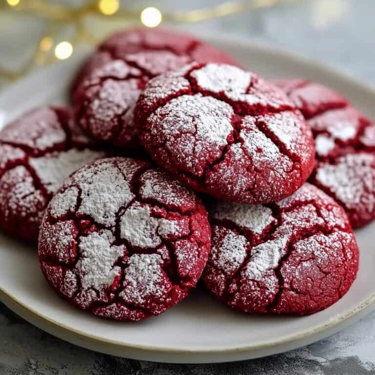 A close-up of homemade red velvet crinkle cookies dusted with powdered sugar, arranged on a white plate with twinkling holiday lights in the background. Ideal for Christmas cookie platters or romantic Valentine's Day treats.