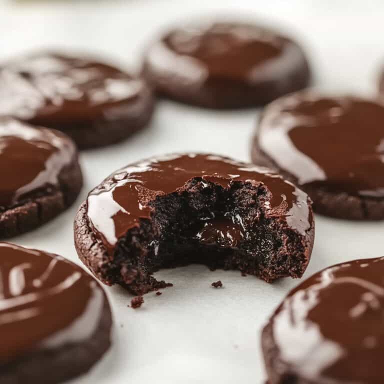 A batch of chocolate brownie cookies resting on parchment paper. One cookie has a large bite taken out, showing the gooey chocolate filling. The ganache on all cookies appears glossy and smooth, contrasting with the dark cookie base.