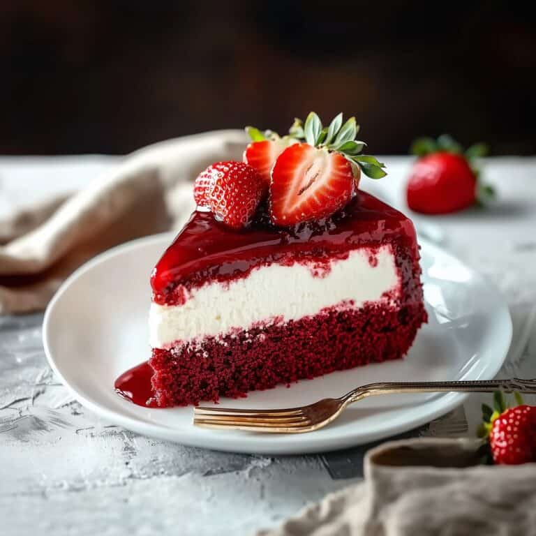 A full slice of red velvet cheesecake served on a white plate, featuring a red velvet base, a thick cream cheese layer, and a shiny red glaze with fresh strawberries as garnish.