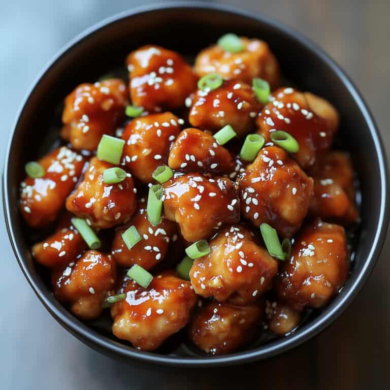 A black bowl featuring sticky honey gochujang chicken, where each piece is coated in a thick, shiny sauce. The chicken pieces are sprinkled with sesame seeds and freshly chopped green onions, creating a visually appealing contrast with the dark bowl.