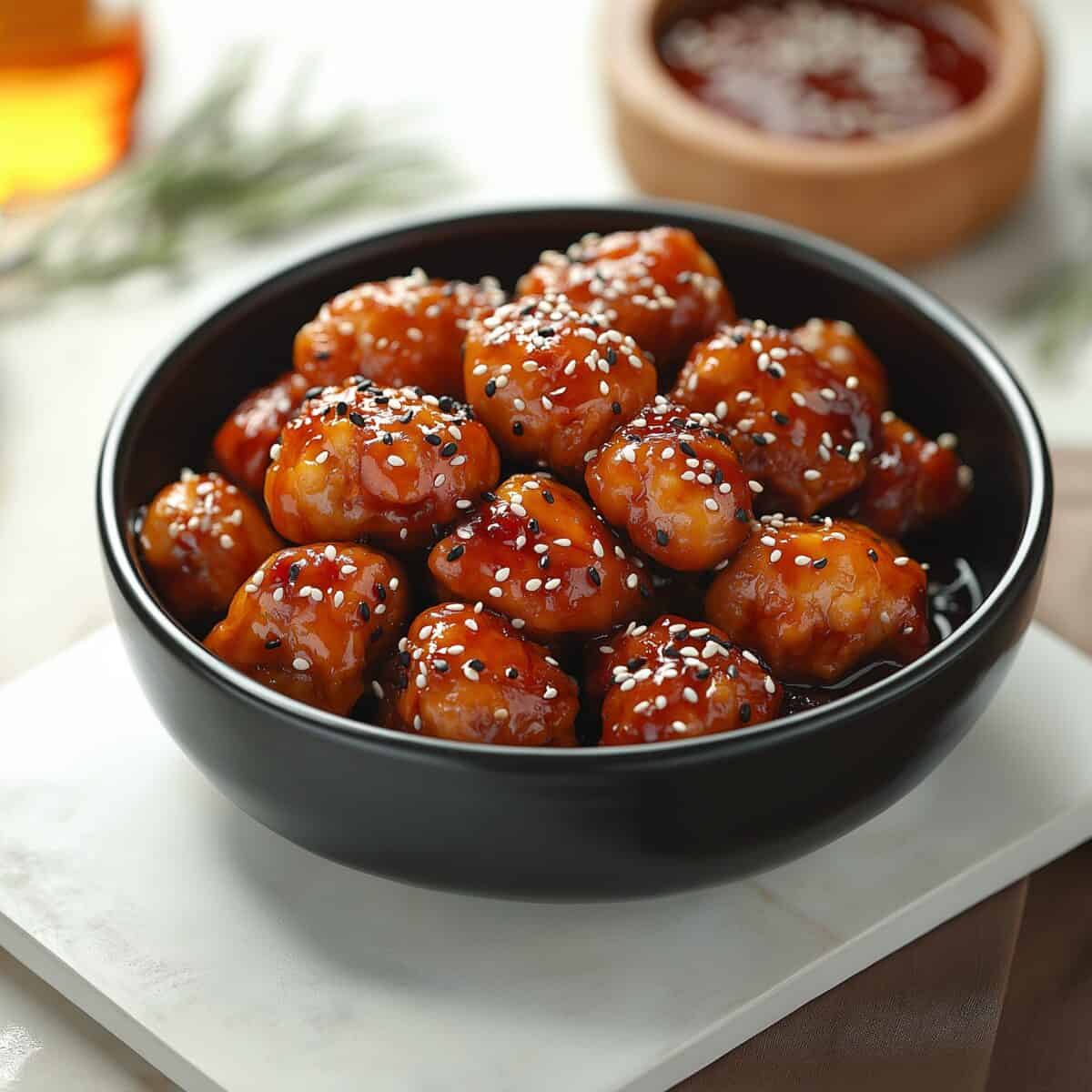 Honey Garlic Chicken Bites served in a sleek black bowl, garnished with sesame seeds and black sesame for a touch of contrast, placed on a clean white surface with rosemary in the background.