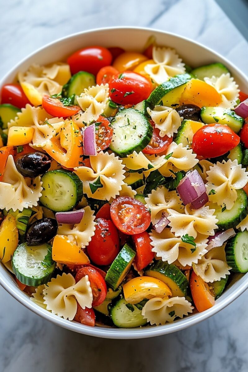 Fresh and Flavorful California Pasta Salad – A refreshing blend of crisp vegetables, al dente pasta, and savory black olives, coated in a light vinaigrette. Ideal for BBQs and gatherings.