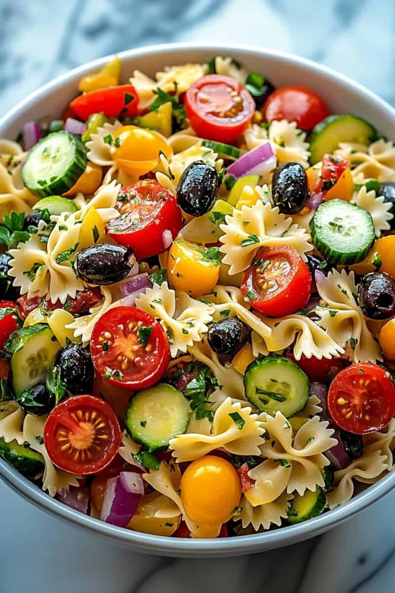 Healthy California Pasta Salad with Fresh Veggies – Bowtie pasta combined with colorful vegetables and a sprinkle of cheese, making it the perfect light and flavorful summer salad.
