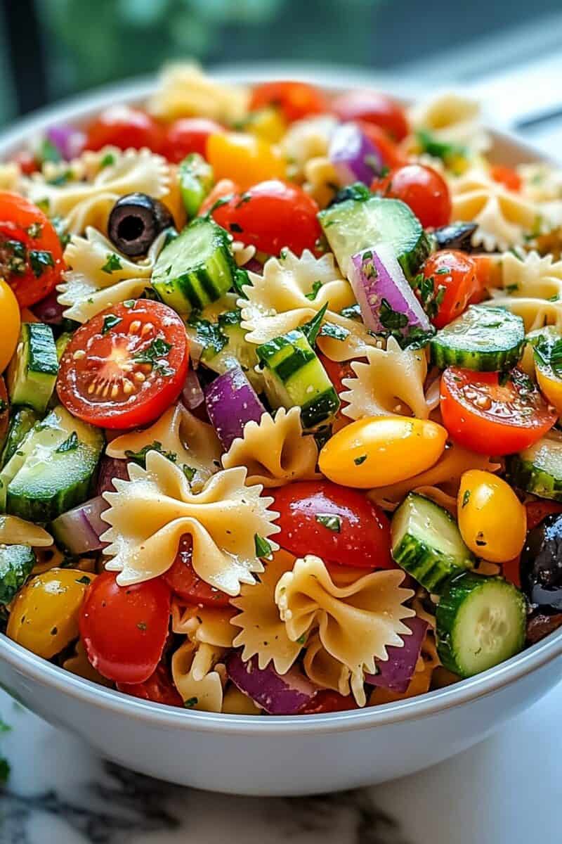Easy California Pasta Salad Recipe – A bright and healthy pasta salad featuring fresh cherry tomatoes, cucumbers, black olives, and tangy dressing. A must-try side dish!
