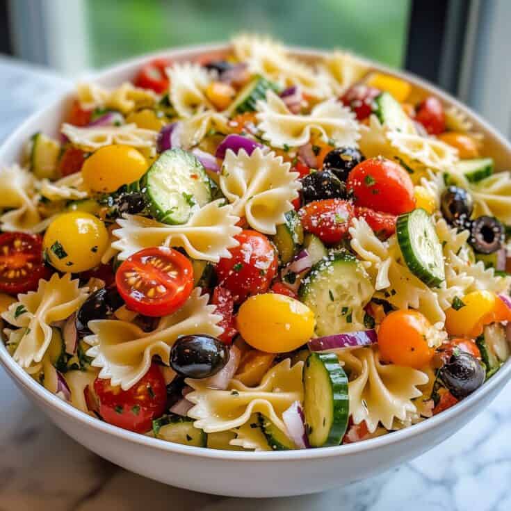 Vibrant California Pasta Salad in a Bowl – A colorful mix of bowtie pasta, cherry tomatoes, cucumbers, black olives, and red onions tossed in a zesty dressing. Perfect for summer picnics or potlucks.