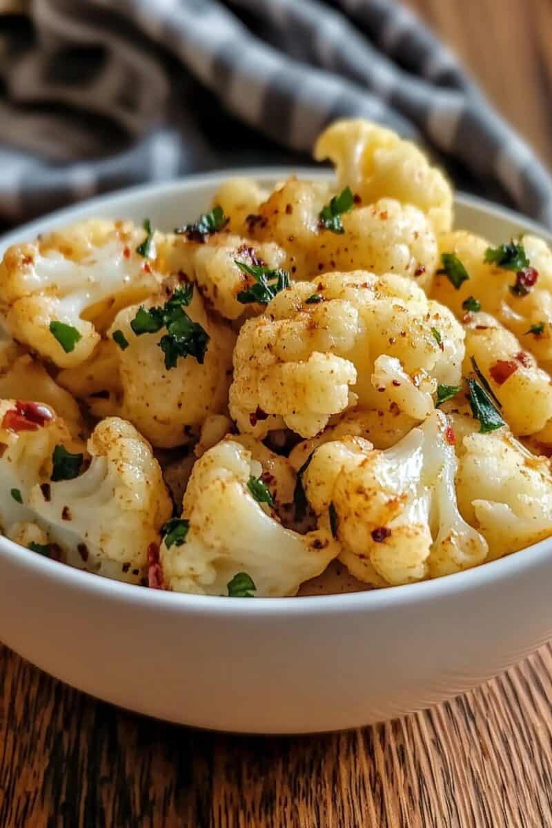 A bowl of Garlic Butter Roasted Cauliflower with a golden crust, seasoned with garlic, butter, and fresh parsley, placed on a rustic wooden table with a checkered napkin in the background.