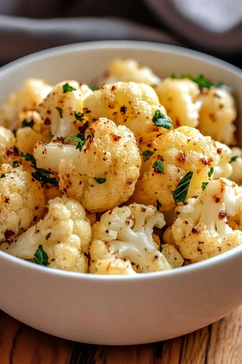 A warm and inviting dish of garlic butter roasted cauliflower, featuring perfectly caramelized florets with herbs and chili flakes for a hint of spice, served in a simple white bowl.