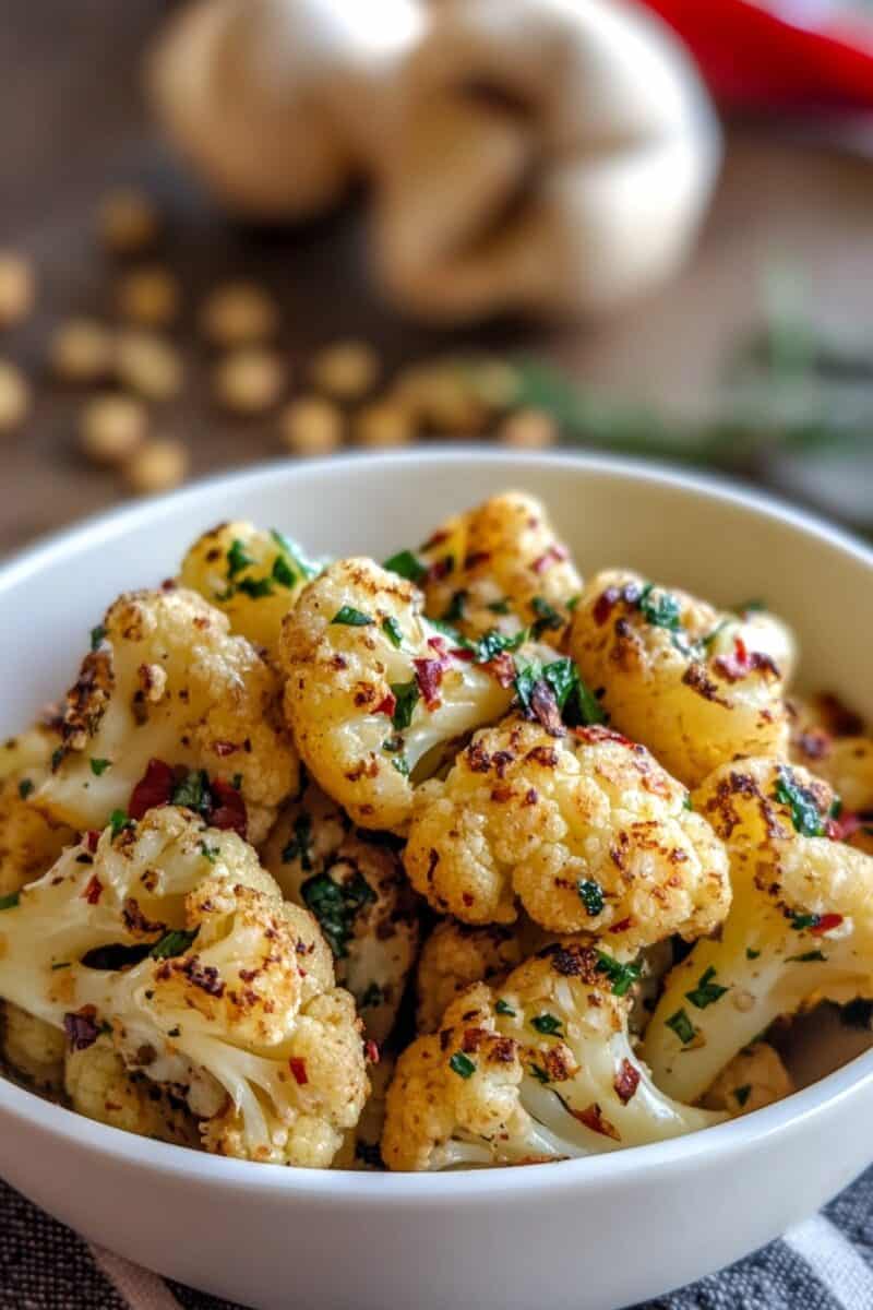 Golden roasted cauliflower tossed with garlic butter and chili flakes, garnished with fresh herbs, served in a bowl with a blurred rustic kitchen background.