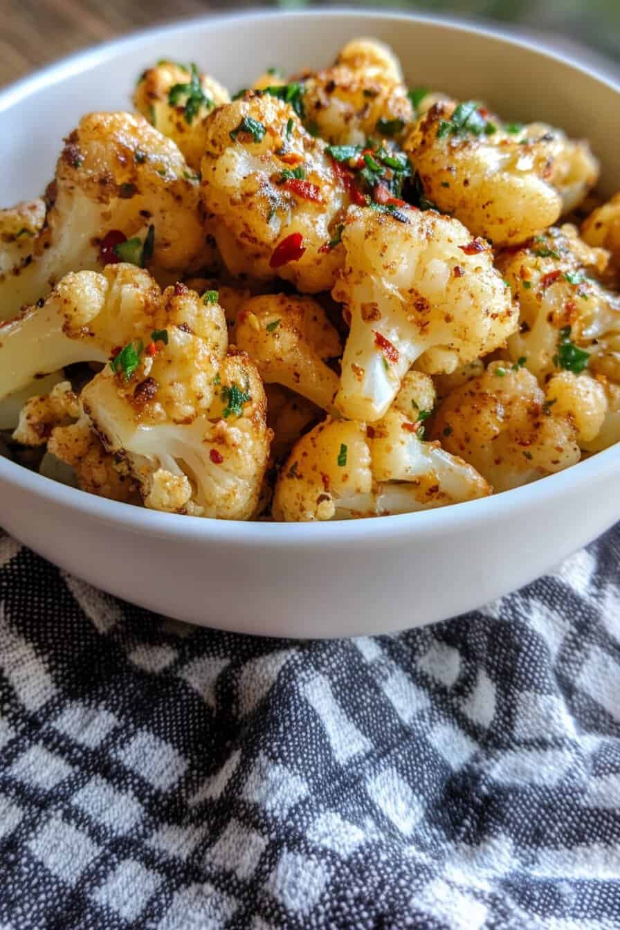 Perfectly roasted cauliflower with a crispy, golden-brown crust, seasoned with garlic, butter, and red pepper flakes, presented in a white bowl over a textured black and white cloth.