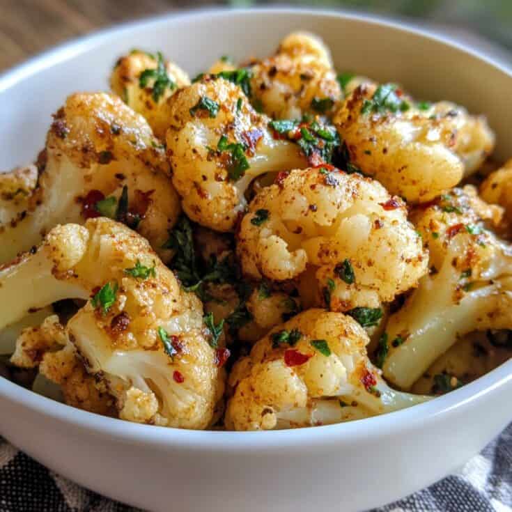 A close-up shot of golden-brown Garlic Butter Roasted Cauliflower florets in a white bowl, garnished with fresh herbs and red pepper flakes for a flavorful and crispy side dish.
