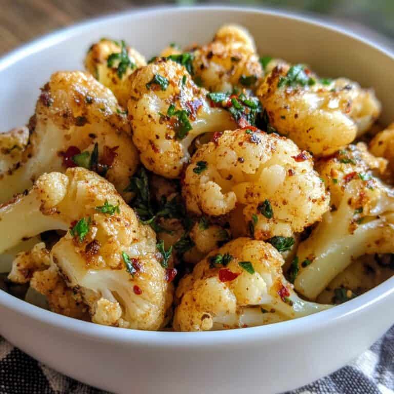 A close-up shot of golden-brown Garlic Butter Roasted Cauliflower florets in a white bowl, garnished with fresh herbs and red pepper flakes for a flavorful and crispy side dish.