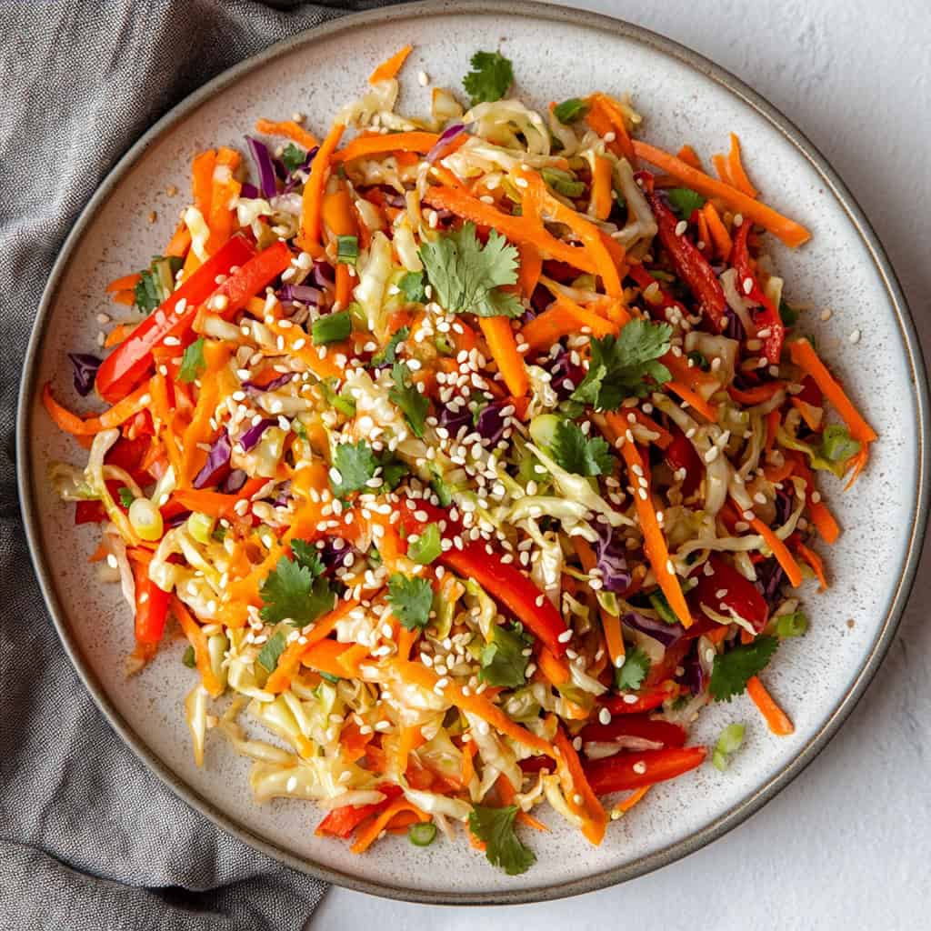A crisp and colorful Asian sesame cabbage salad featuring shredded cabbage, carrots, red bell peppers, and green onions, topped with toasted sesame seeds and fresh cilantro. This vibrant dish is a light and flavorful summer salad with a tangy sesame dressing, ideal for pairing with grilled dishes or enjoying as a healthy side.