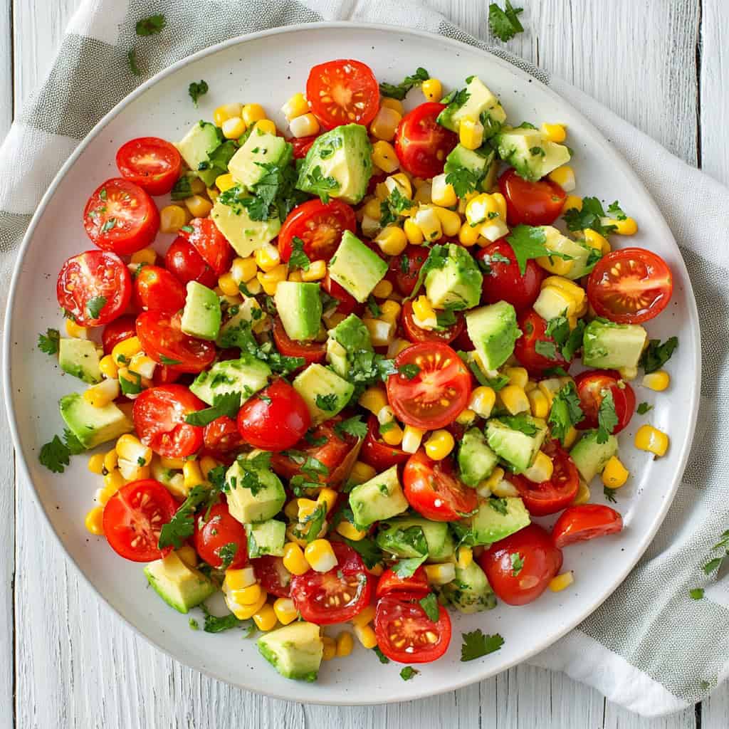 A vibrant avocado, tomato, and corn salad with juicy cherry tomatoes, sweet corn, fresh cilantro, and creamy avocado chunks. A healthy and delicious summer salad recipe, ideal as a light side dish or a refreshing appetizer.