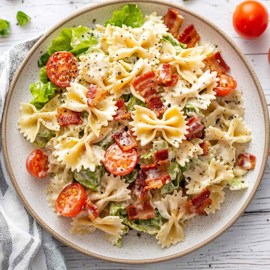 A vibrant pasta salad with bowtie pasta, crispy bacon, cherry tomatoes, and romaine lettuce, tossed in a creamy dressing. This refreshing dish is an easy and flavorful side for barbecues, picnics, and summer gatherings.